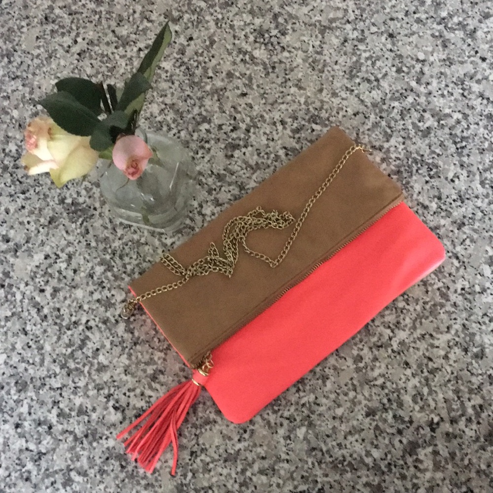H&M bright coral and beige clutch